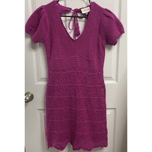 Freshman 1996 Women Pink/Magenta Crocheted Lined V-Neck Puff Sleeve Dress M-NWT